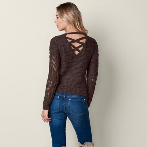 VENUS NWOT Lace Up Detail Sweater Brown - Picture 5 of 8